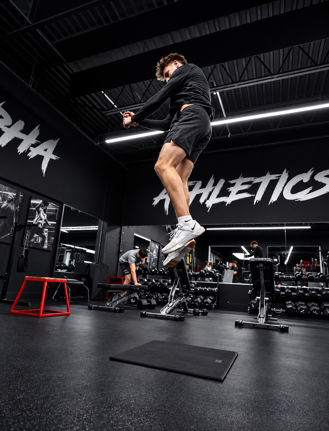 Alpha athlete performing an explosive jump during training