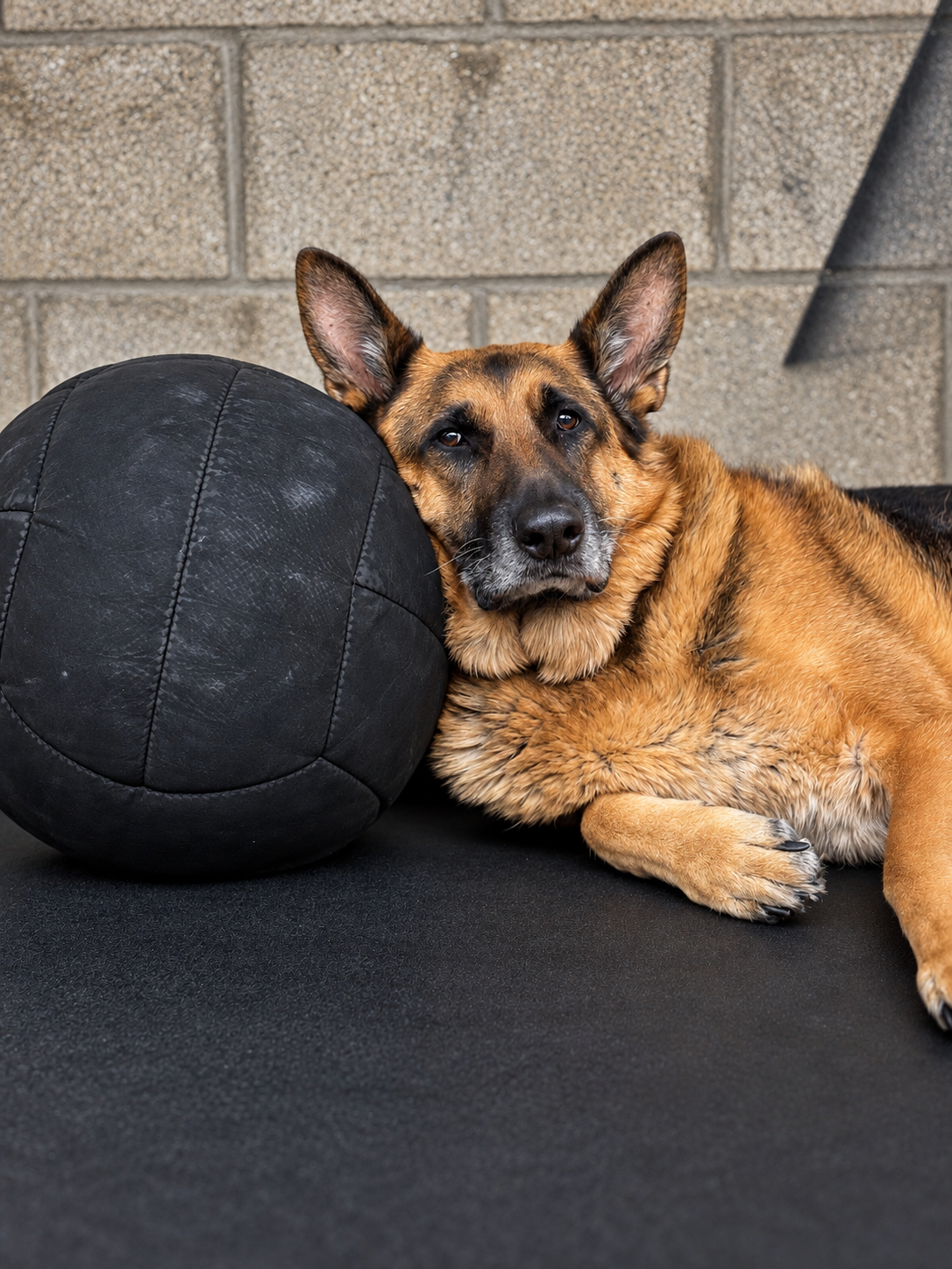 A German shepherd resting beside a medicine ball at Alpha Athletics